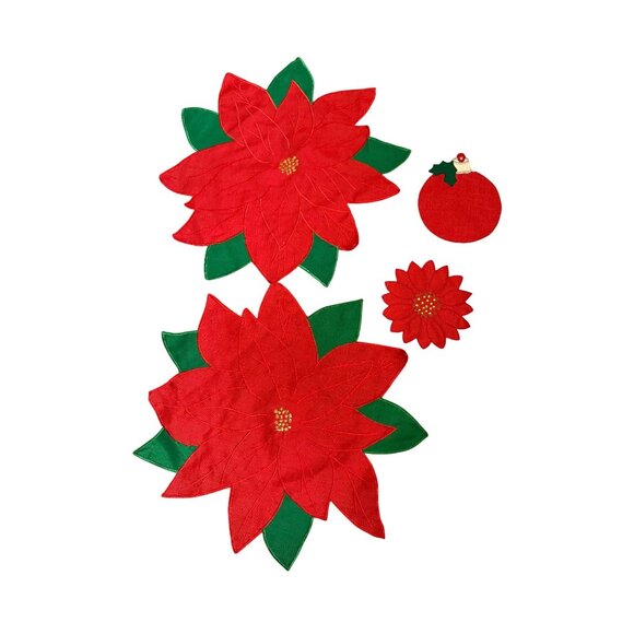 VTG  Embroidered Red Poinsettia Placemats Accessories Set coaster /pot-holders - Picture 1 of 11